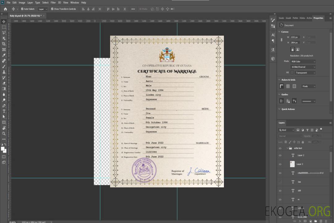Modèle PSD de certificat de mariage en Guyane template Modèle PSD de certificat de mariage en Guyane template
